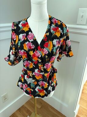 Zara Trafaluc Floral Wrap Top Black Multicolor Tie Waist Blouse Size M NWT